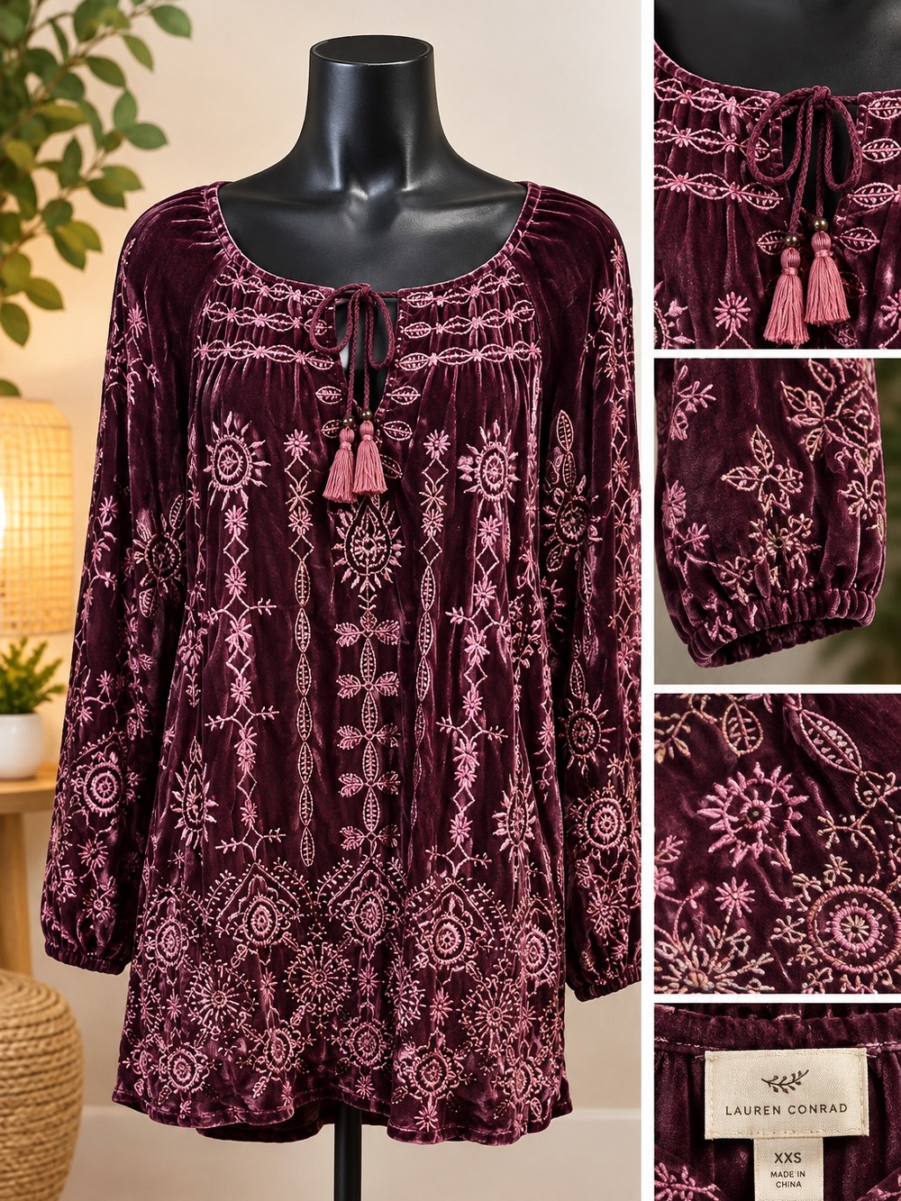 NWT Johnny Was Plum and Pink Embroidered Blouse